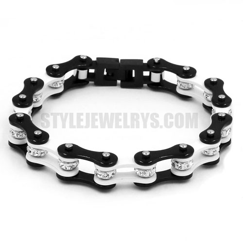 Bling Motorcycle Bracelet Stainless Steel Jewelry Fashion Black & White Bicycle Chain Motor Bracelet SJB0302 - Click Image to Close